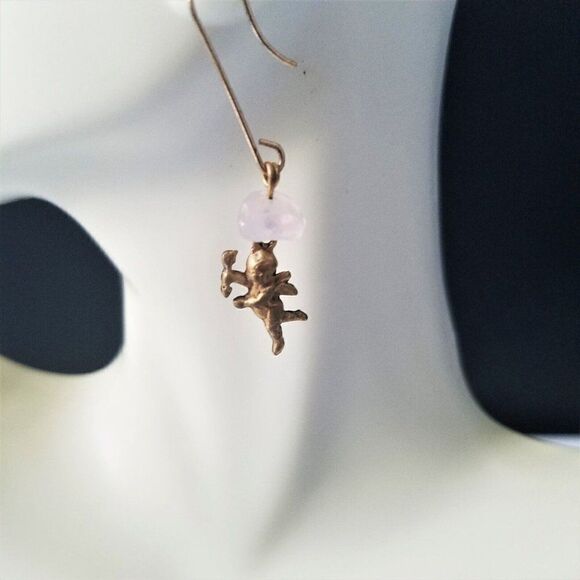 Vintage Cupid With Arrow Earrings Tiny Dangling Cherub With Pink Stone - Picture 5 of 5